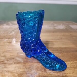 4" Daisy & Button Blue Colonial Blue by Fenton Art Glass Pressed Boot